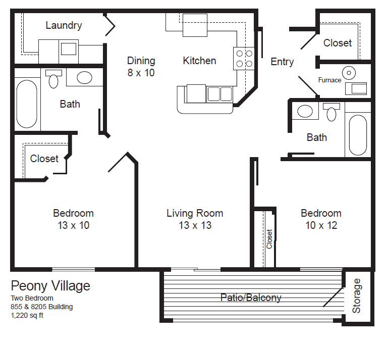 Floor plan for 2 beds, 2 baths, 1220 sqft